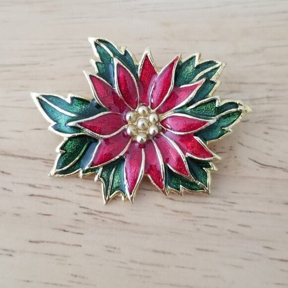 Vintage Gold Tone Poinsettia Christmas Brooch – Red & Green Enamel Holiday Pin - Picture 3 of 4